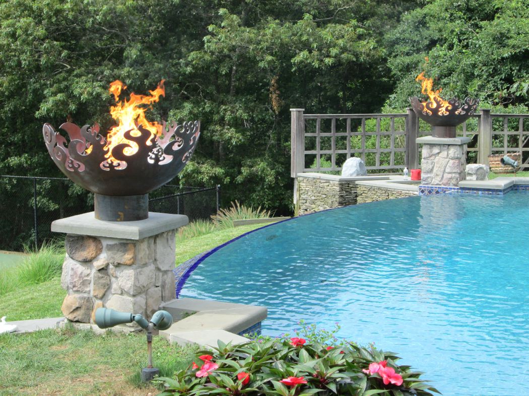 Great Bowl O Fire firebowls at Wilzig Castle, an estate in Water Mill, NY near Southampton